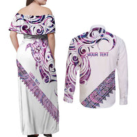 Mawhero Paua shell Kowhaiwhai Taniko Personalised Couples Matching Off Shoulder Maxi Dress and Long Sleeve Button Shirt Turtle Tattoo Maori Tribal Style LT9 - Polynesian Pride