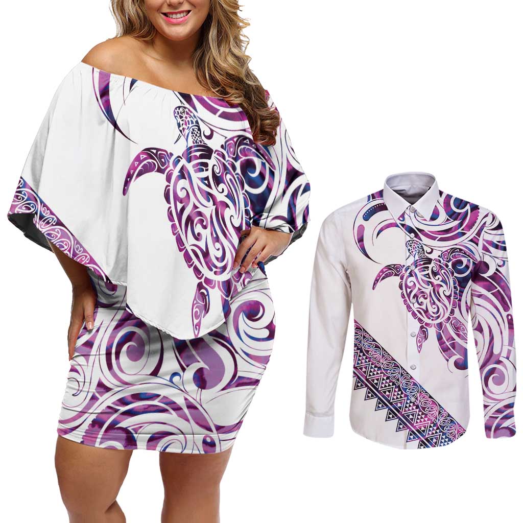 Mawhero Paua shell Kowhaiwhai Taniko Personalised Couples Matching Off Shoulder Short Dress and Long Sleeve Button Shirt Turtle Tattoo Maori Tribal Style LT9 Pink - Polynesian Pride
