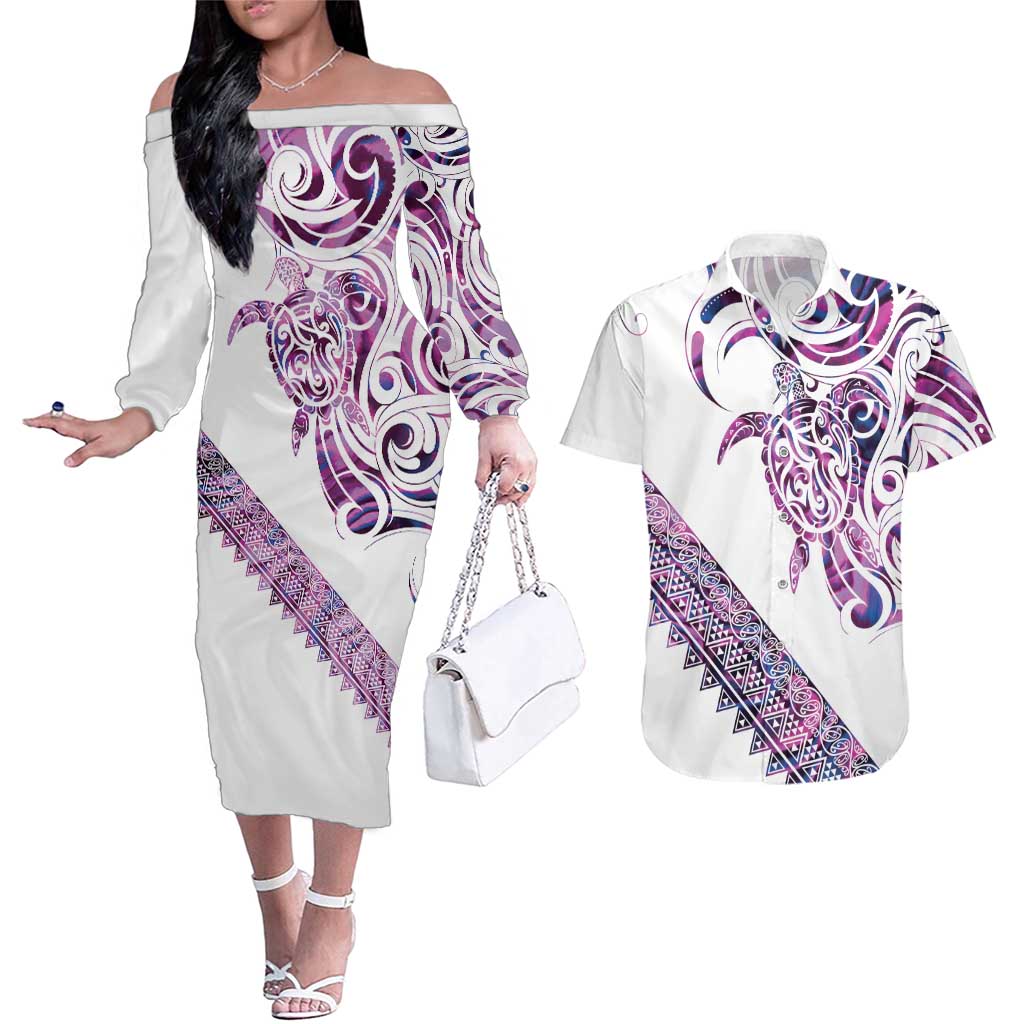 Mawhero Paua shell Kowhaiwhai Taniko Personalised Couples Matching Off The Shoulder Long Sleeve Dress and Hawaiian Shirt Turtle Tattoo Maori Tribal Style LT9 Pink - Polynesian Pride