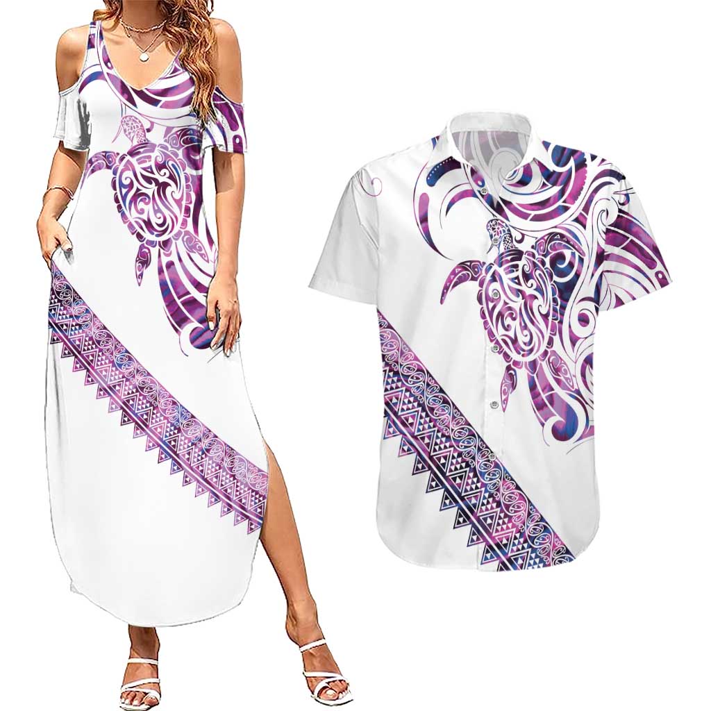Mawhero Paua shell Kowhaiwhai Taniko Personalised Couples Matching Summer Maxi Dress and Hawaiian Shirt Turtle Tattoo Maori Tribal Style LT9 Pink - Polynesian Pride