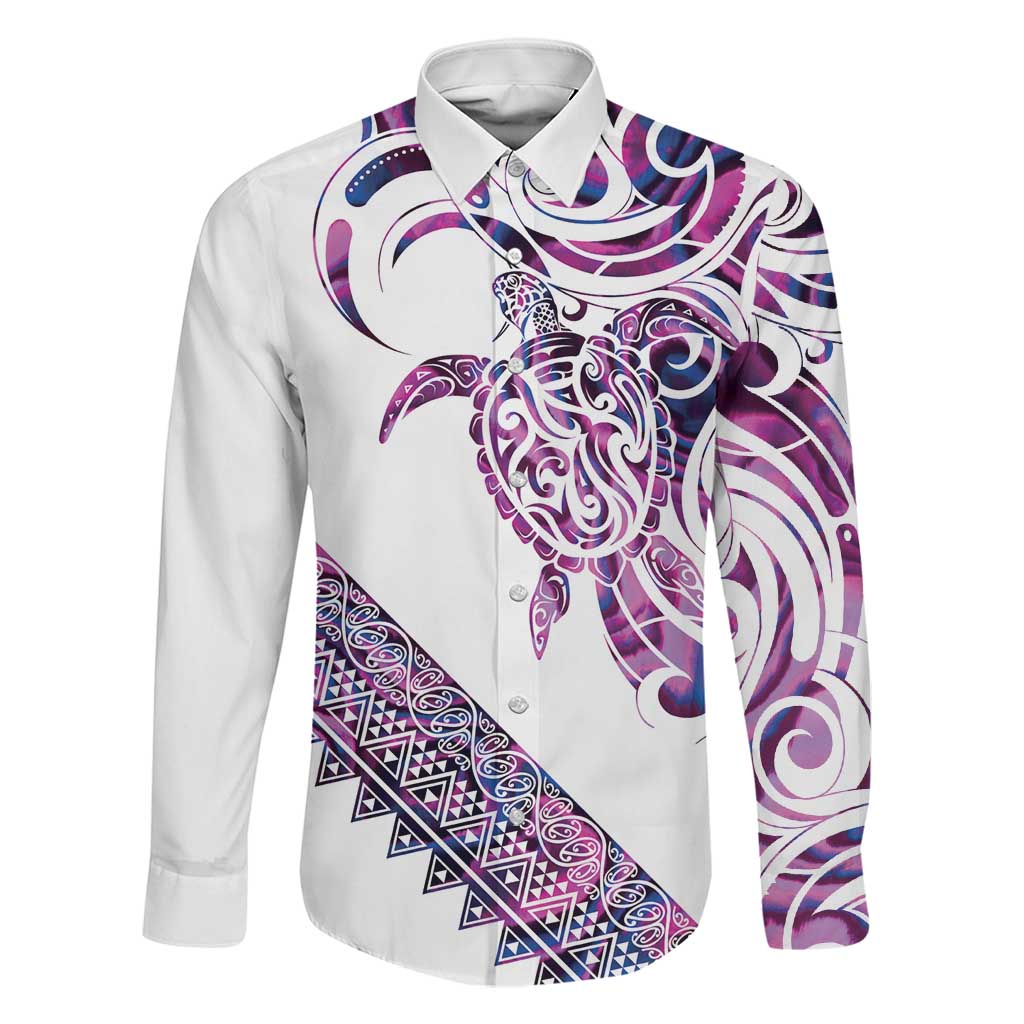 Mawhero Paua shell Kowhaiwhai Taniko Personalised Family Matching Tank Maxi Dress and Hawaiian Shirt Turtle Tattoo Maori Tribal Style LT9 Dad's Shirt - Long Sleeve Pink - Polynesian Pride