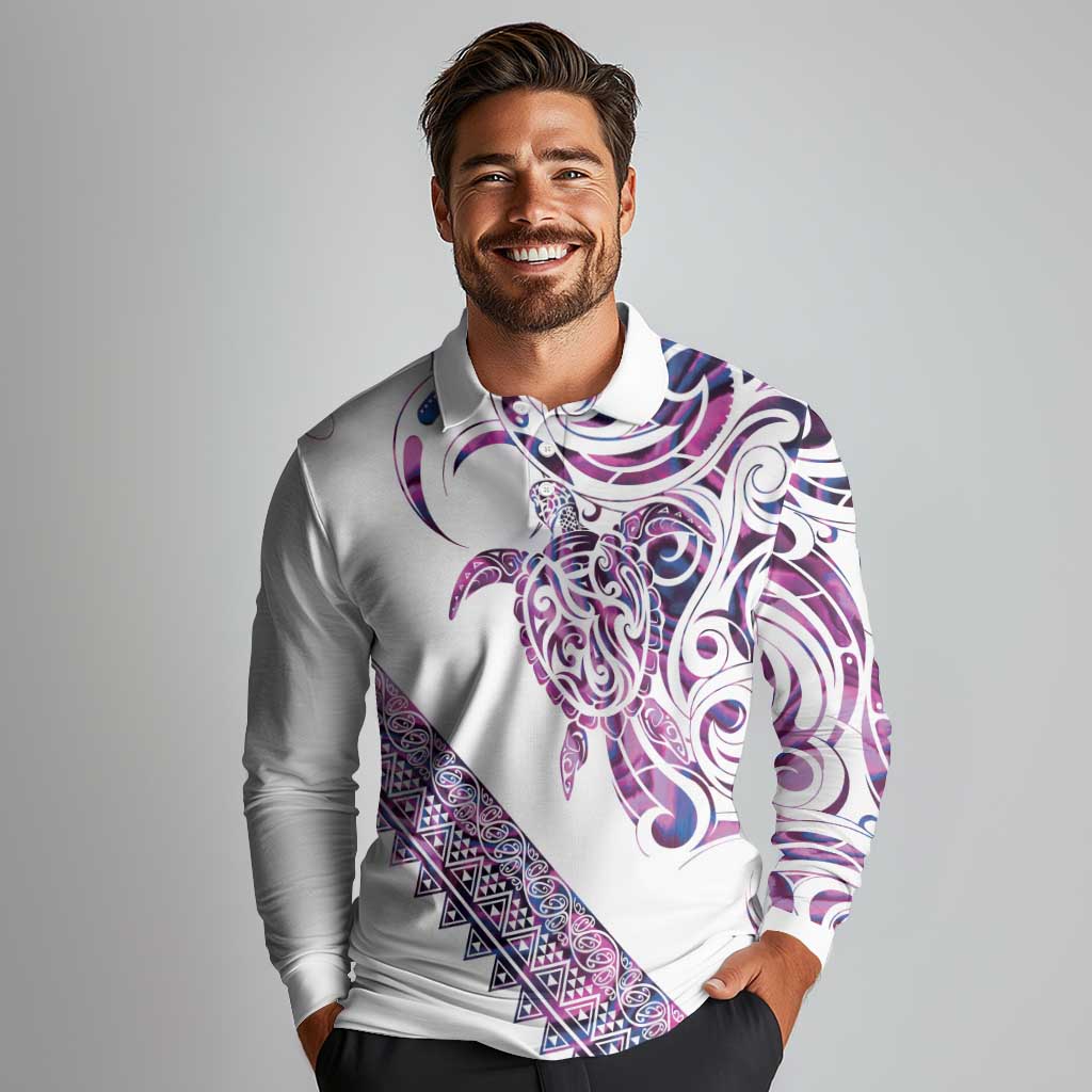 Mawhero Paua shell Kowhaiwhai Taniko Personalised Long Sleeve Polo Shirt Turtle Tattoo Maori Tribal Style LT9 - Polynesian Pride