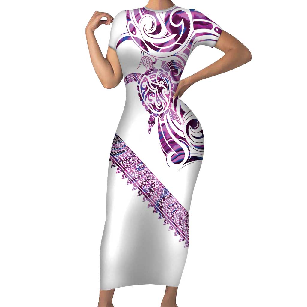 Mawhero Paua shell Kowhaiwhai Taniko Personalised Short Sleeve Bodycon Dress Turtle Tattoo Maori Tribal Style LT9 Long Dress Pink - Polynesian Pride