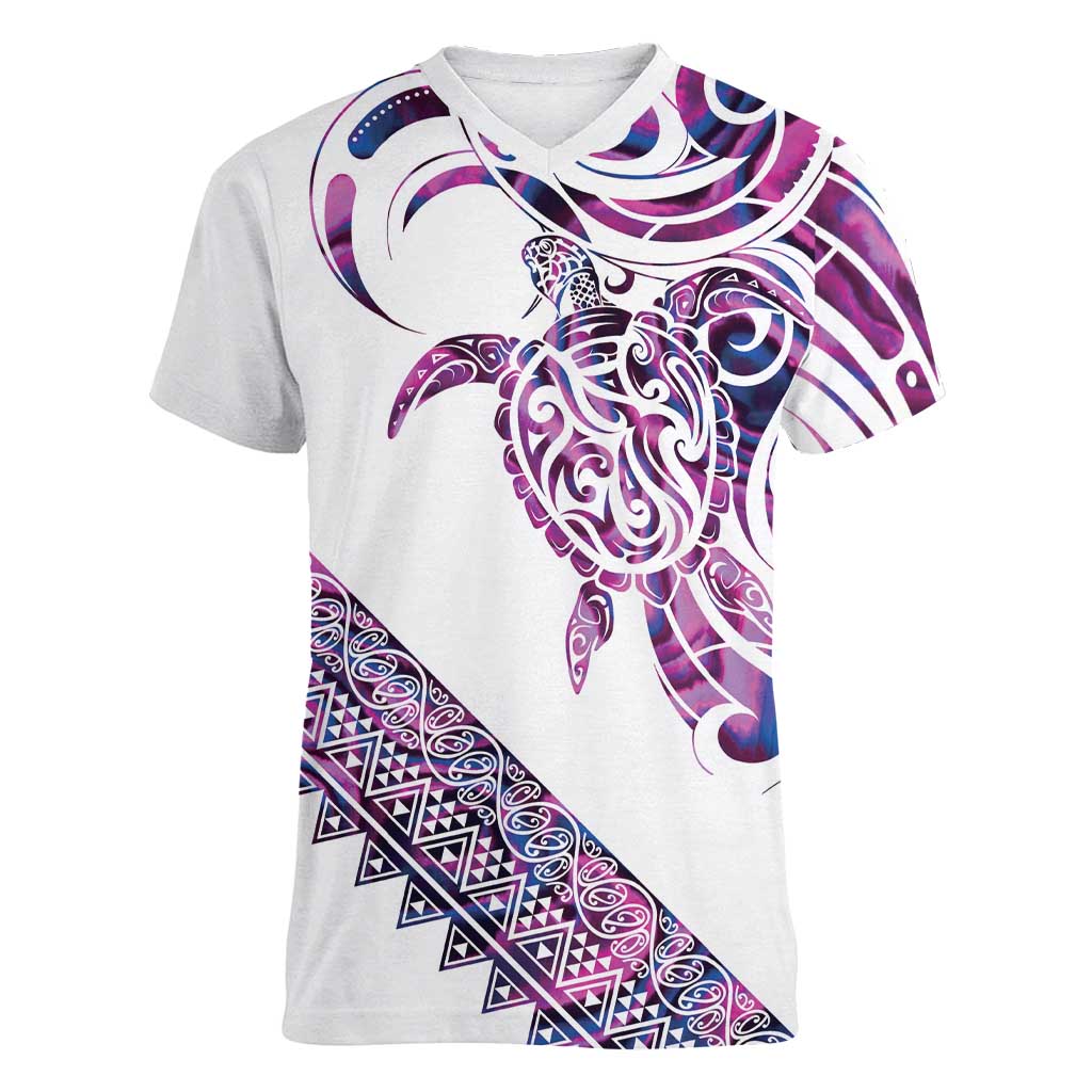 Mawhero Paua shell Kowhaiwhai Taniko Personalised Women V-Neck T-Shirt Turtle Tattoo Maori Tribal Style LT9 Female Pink - Polynesian Pride