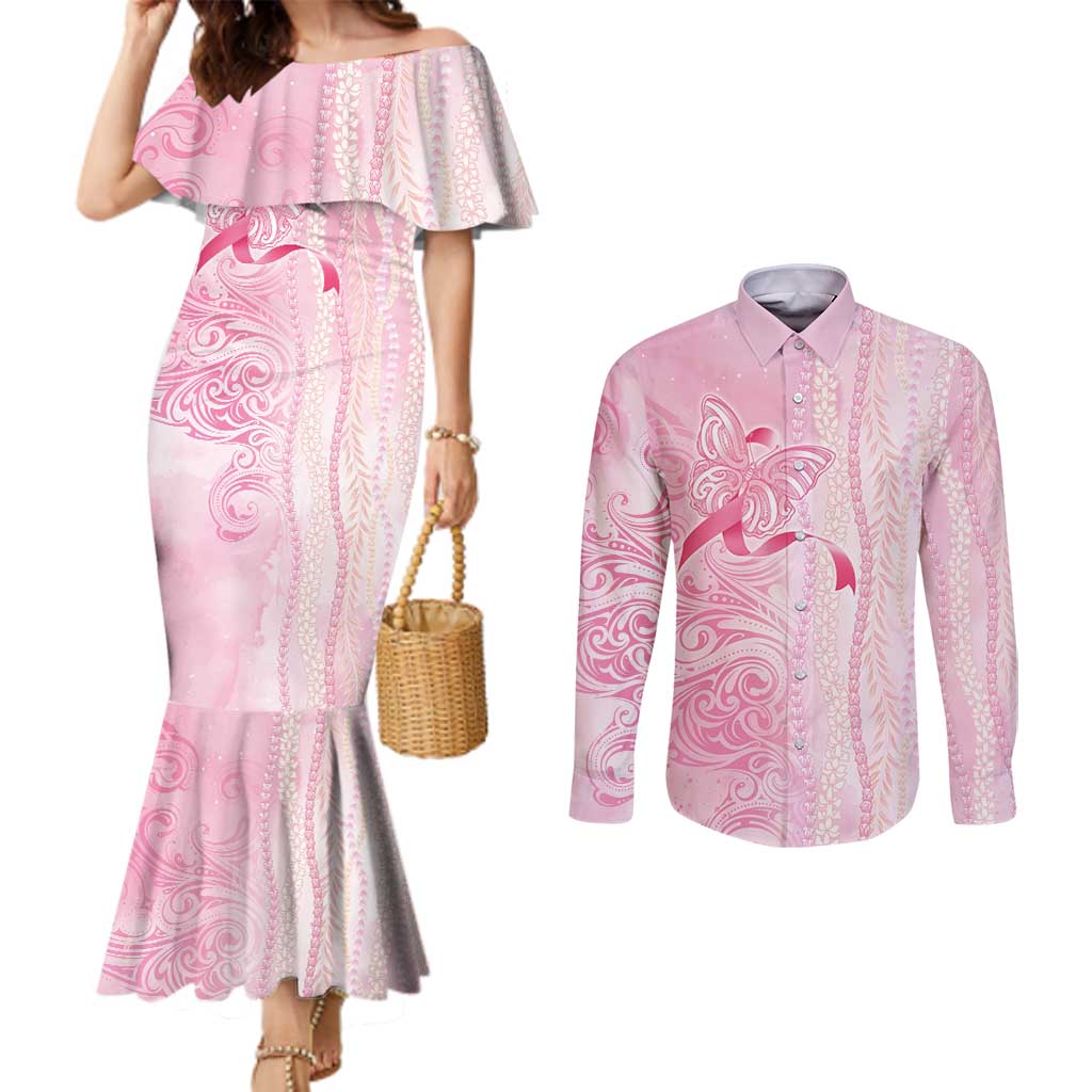 Breast Cancer Awareness Couples Matching Mermaid Dress and Long Sleeve Button Shirt Maile Pikake Lokelani Crown Flower Lei Inspired LT9 Pink - Polynesian Pride