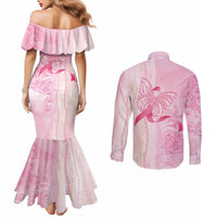 Breast Cancer Awareness Couples Matching Mermaid Dress and Long Sleeve Button Shirt Maile Pikake Lokelani Crown Flower Lei Inspired LT9 - Polynesian Pride