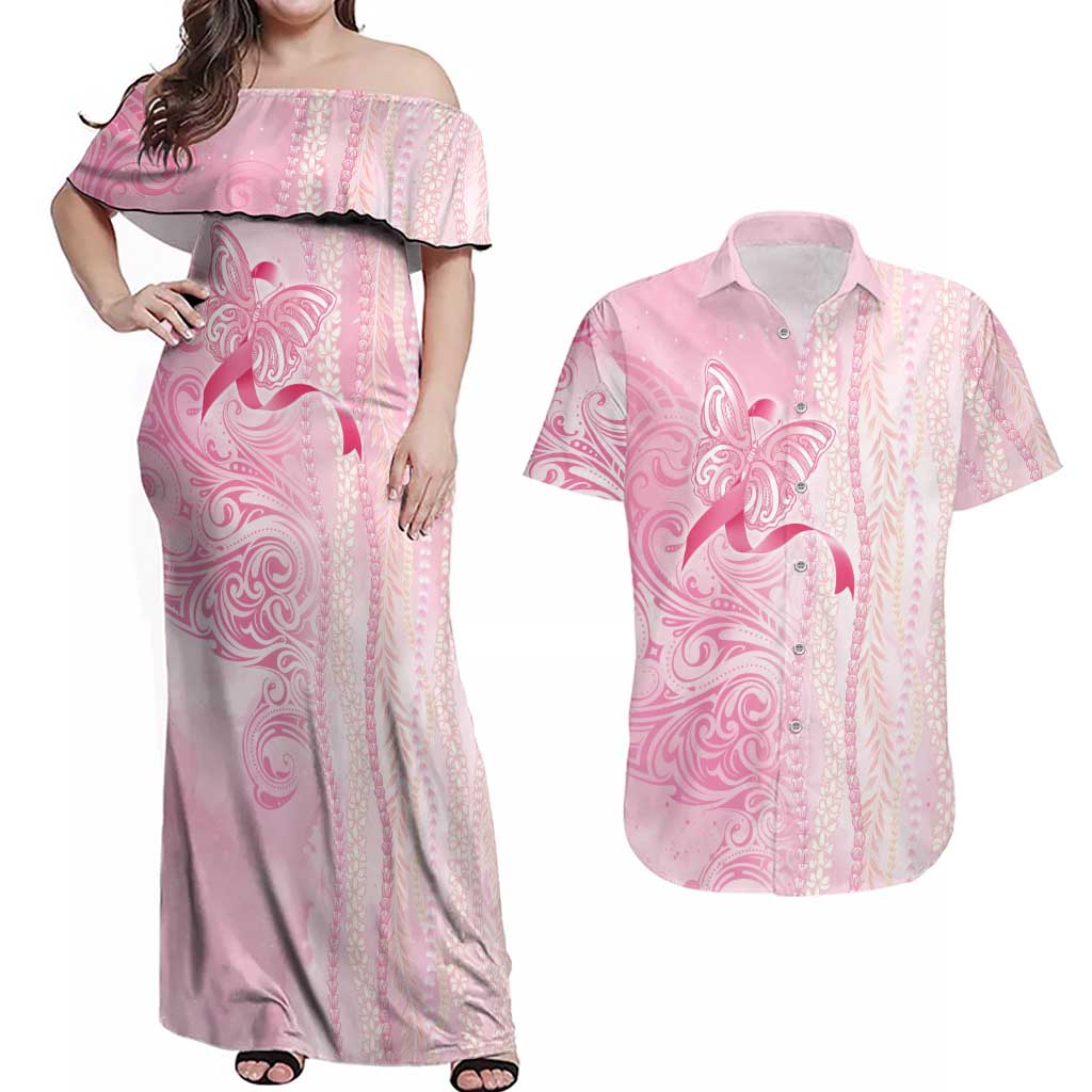 Breast Cancer Awareness Couples Matching Off Shoulder Maxi Dress and Hawaiian Shirt Maile Pikake Lokelani Crown Flower Lei Inspired LT9 Pink - Polynesian Pride