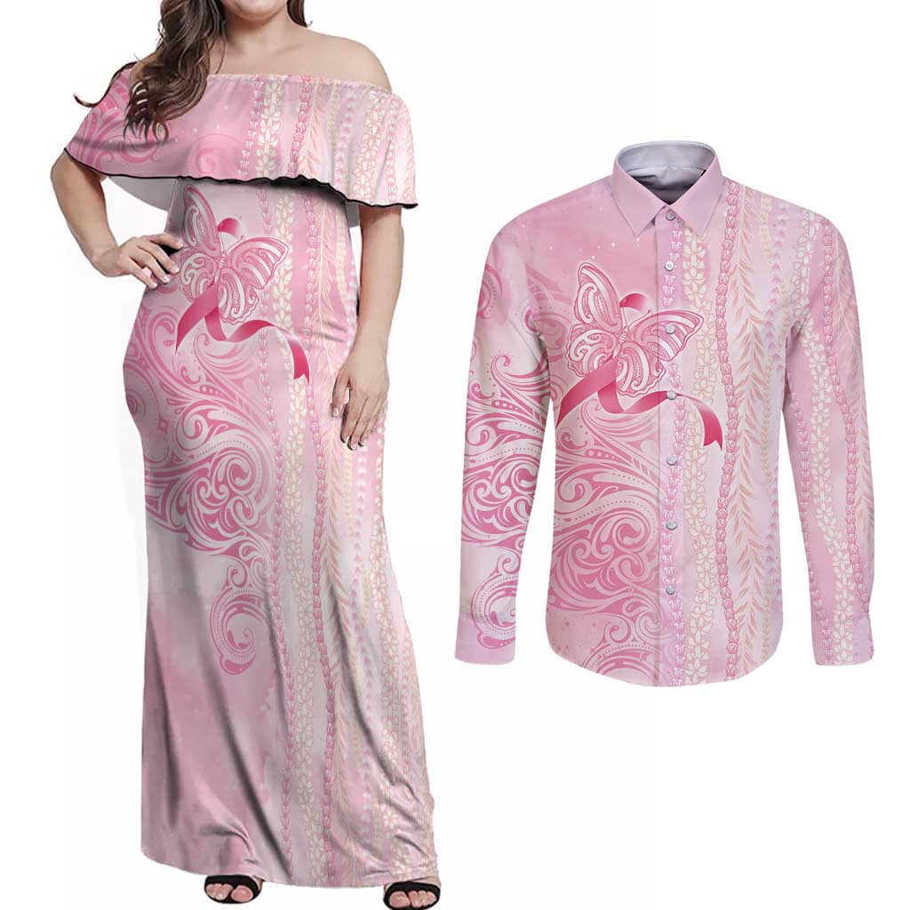 Breast Cancer Awareness Couples Matching Off Shoulder Maxi Dress and Long Sleeve Button Shirt Maile Pikake Lokelani Crown Flower Lei Inspired LT9 Pink - Polynesian Pride
