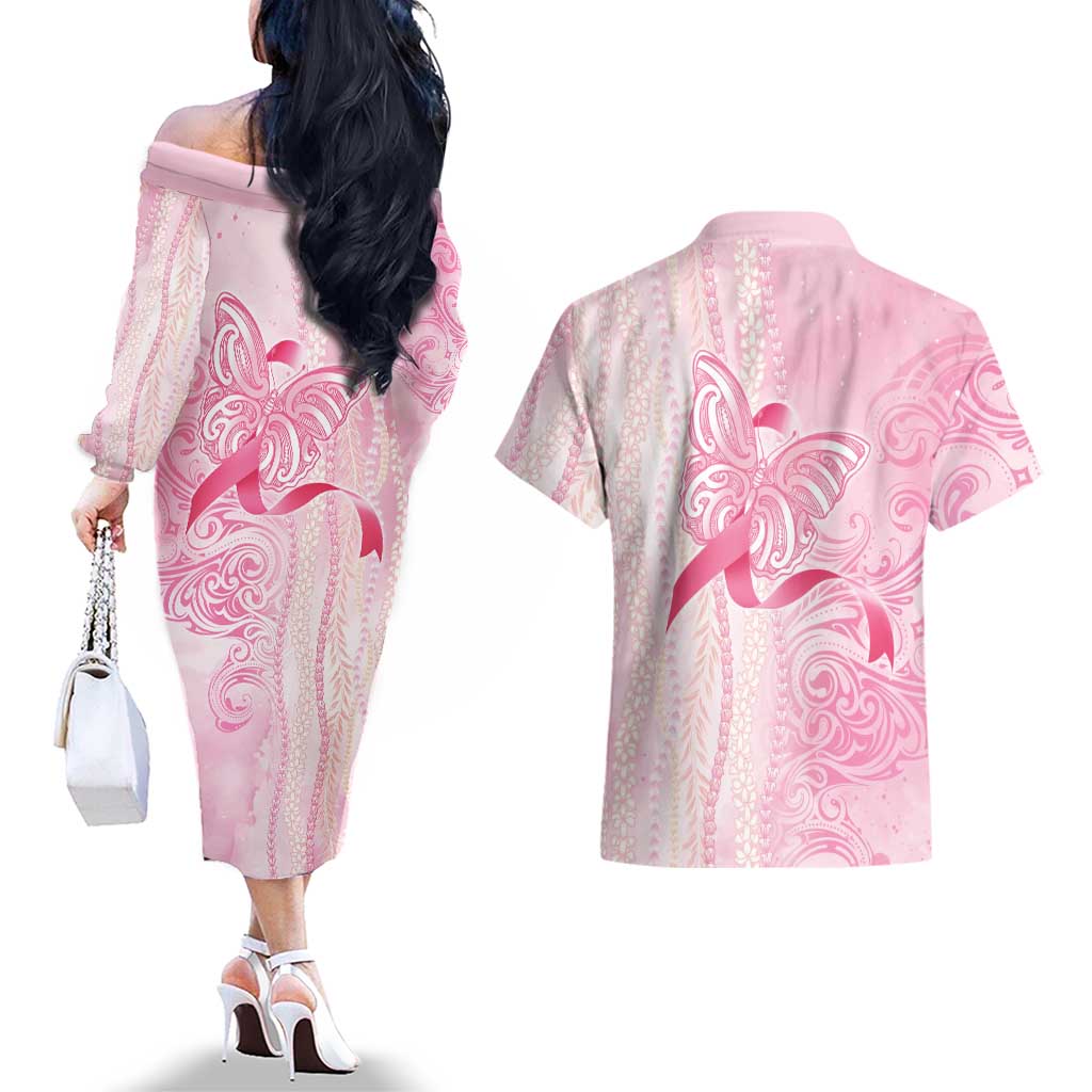 Breast Cancer Awareness Couples Matching Off The Shoulder Long Sleeve Dress and Hawaiian Shirt Maile Pikake Lokelani Crown Flower Lei Inspired LT9 - Polynesian Pride