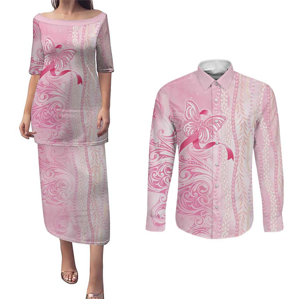 Breast Cancer Awareness Couples Matching Puletasi and Long Sleeve Button Shirt Maile Pikake Lokelani Crown Flower Lei Inspired LT9 Pink - Polynesian Pride