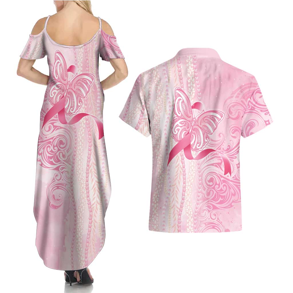 Breast Cancer Awareness Couples Matching Summer Maxi Dress and Hawaiian Shirt Maile Pikake Lokelani Crown Flower Lei Inspired LT9 - Polynesian Pride