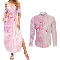 Breast Cancer Awareness Couples Matching Summer Maxi Dress and Long Sleeve Button Shirt Maile Pikake Lokelani Crown Flower Lei Inspired LT9 Pink - Polynesian Pride