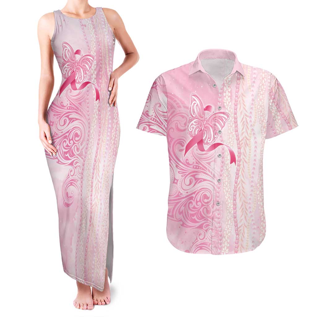 Breast Cancer Awareness Couples Matching Tank Maxi Dress and Hawaiian Shirt Maile Pikake Lokelani Crown Flower Lei Inspired