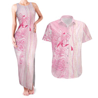 Breast Cancer Awareness Couples Matching Tank Maxi Dress and Hawaiian Shirt Maile Pikake Lokelani Crown Flower Lei Inspired LT9 Pink - Polynesian Pride