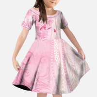 Breast Cancer Awareness Family Matching Off Shoulder Maxi Dress and Hawaiian Shirt Maile Pikake Lokelani Crown Flower Lei Inspired LT9 Daughter's Dress Pink - Polynesian Pride