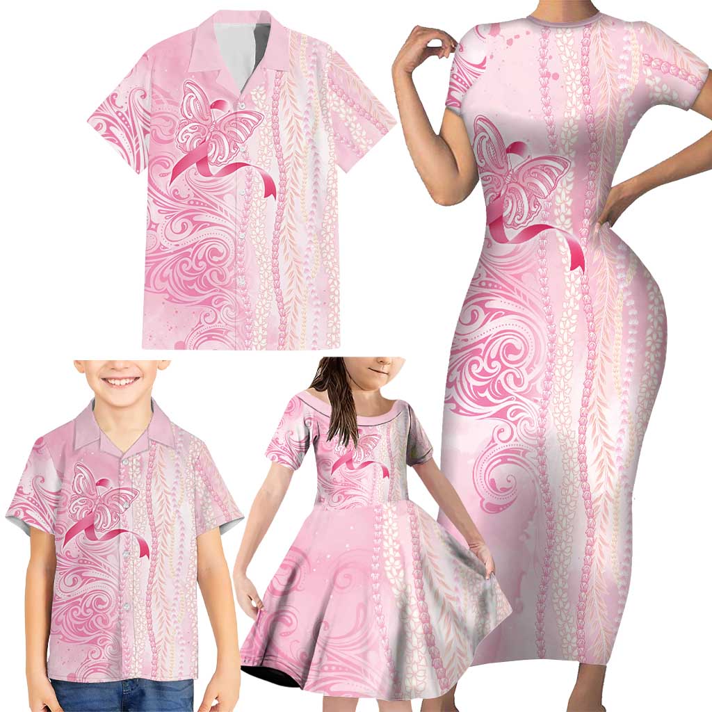 Breast Cancer Awareness Family Matching Short Sleeve Bodycon Dress and Hawaiian Shirt Maile Pikake Lokelani Crown Flower Lei Inspired LT9 - Polynesian Pride