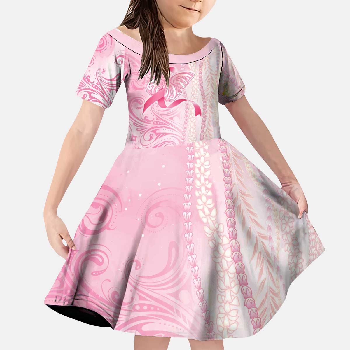 Breast Cancer Awareness Kid Short Sleeve Dress Maile Pikake Lokelani Crown Flower Lei Inspired LT9 KID Pink - Polynesian Pride