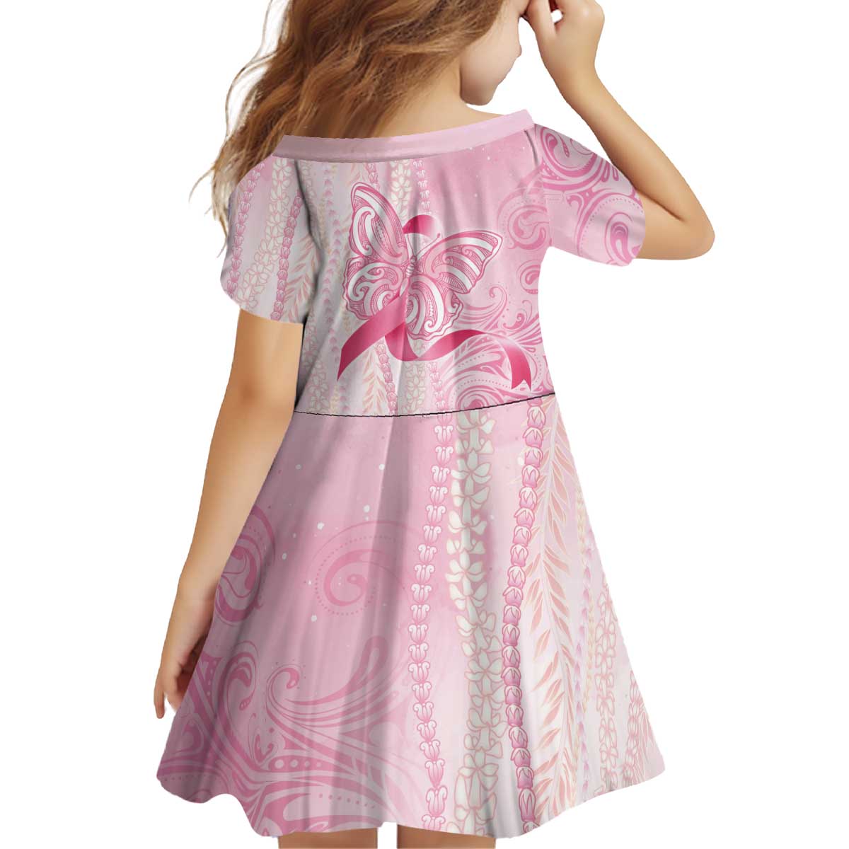 Breast Cancer Awareness Kid Short Sleeve Dress Maile Pikake Lokelani Crown Flower Lei Inspired LT9 - Polynesian Pride