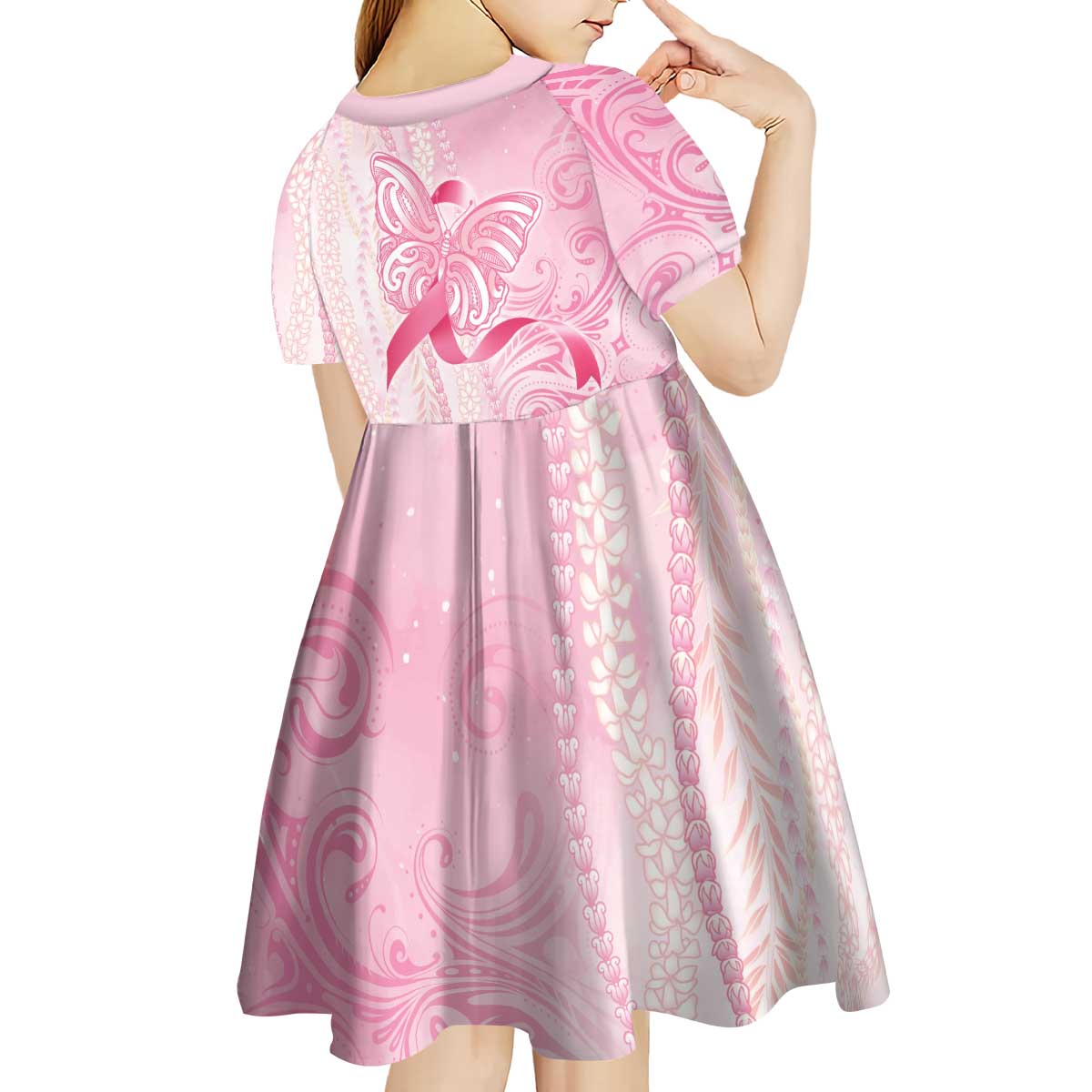 Breast Cancer Awareness Kid Short Sleeve Dress Maile Pikake Lokelani Crown Flower Lei Inspired LT9 - Polynesian Pride