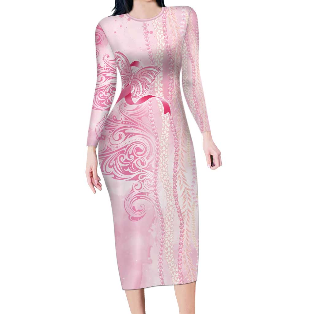Breast Cancer Awareness Long Sleeve Bodycon Dress Maile Pikake Lokelani Crown Flower Lei Inspired