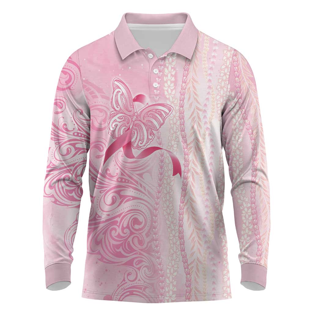 Breast Cancer Awareness Long Sleeve Polo Shirt Maile Pikake Lokelani Crown Flower Lei Inspired LT9 Pink - Polynesian Pride
