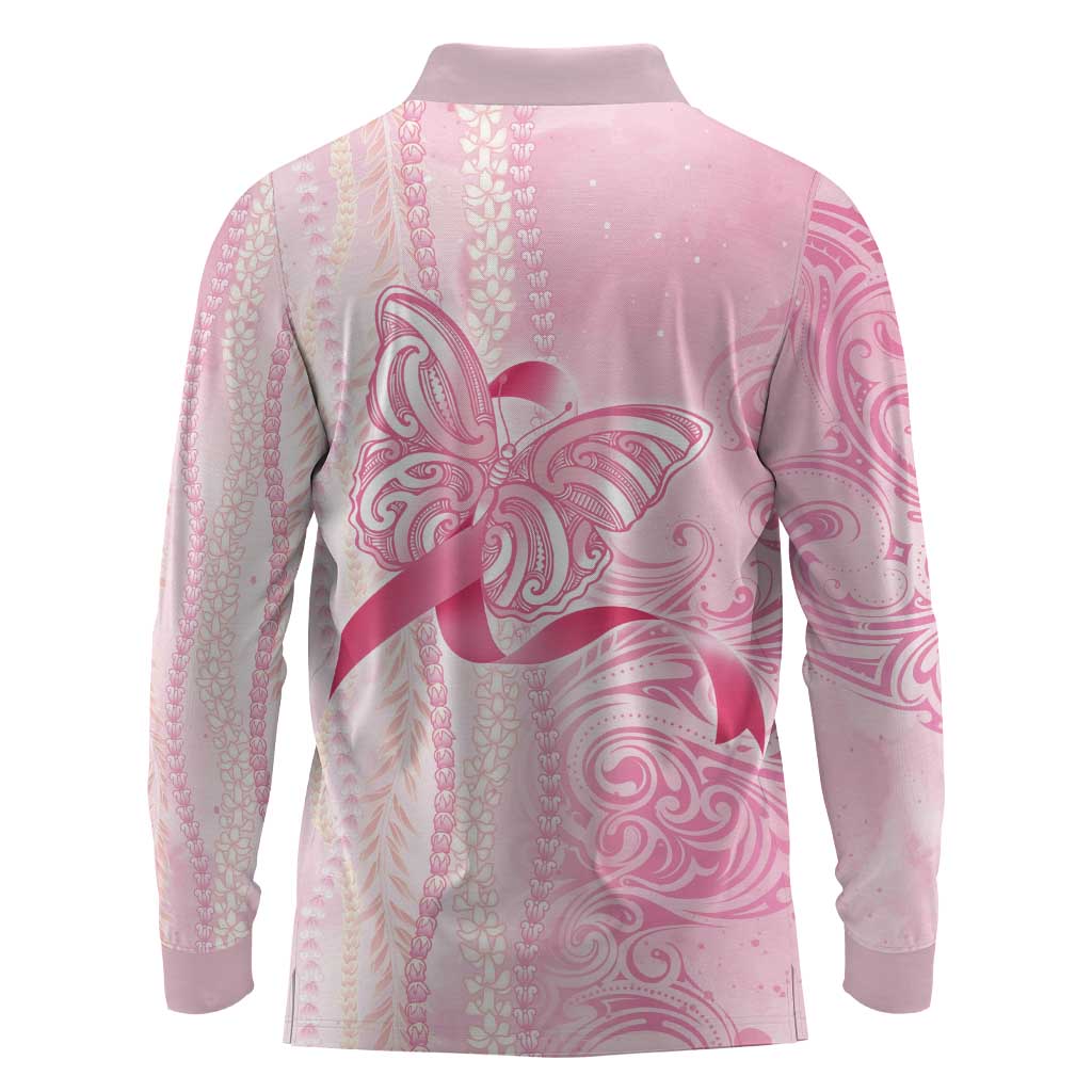 Breast Cancer Awareness Long Sleeve Polo Shirt Maile Pikake Lokelani Crown Flower Lei Inspired LT9 - Polynesian Pride