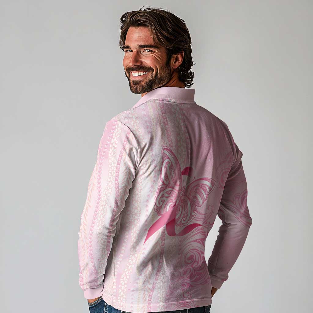 Breast Cancer Awareness Long Sleeve Polo Shirt Maile Pikake Lokelani Crown Flower Lei Inspired LT9 - Polynesian Pride