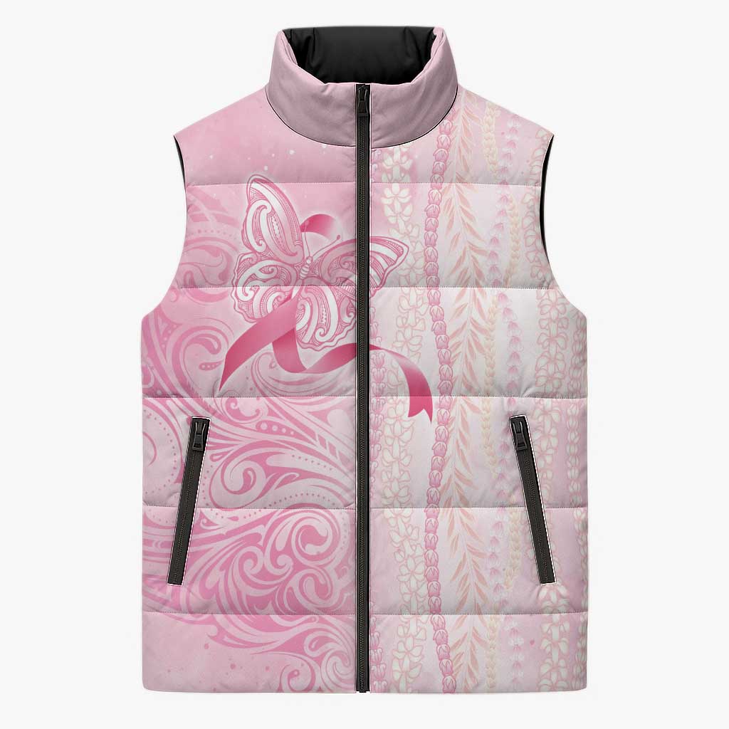 Breast Cancer Awareness Sleeveless Puffer Jacket Maile Pikake Lokelani Crown Flower Lei Inspired