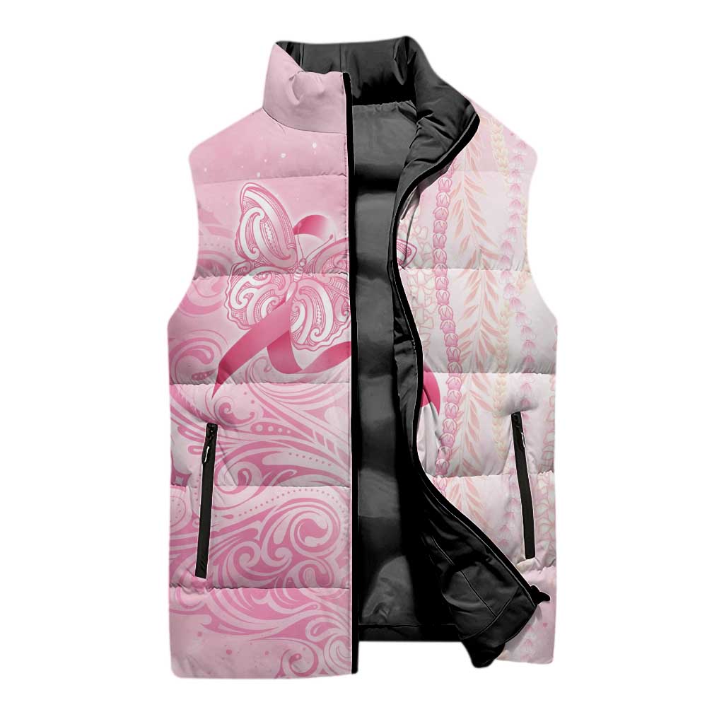 Breast Cancer Awareness Sleeveless Puffer Jacket Maile Pikake Lokelani Crown Flower Lei Inspired