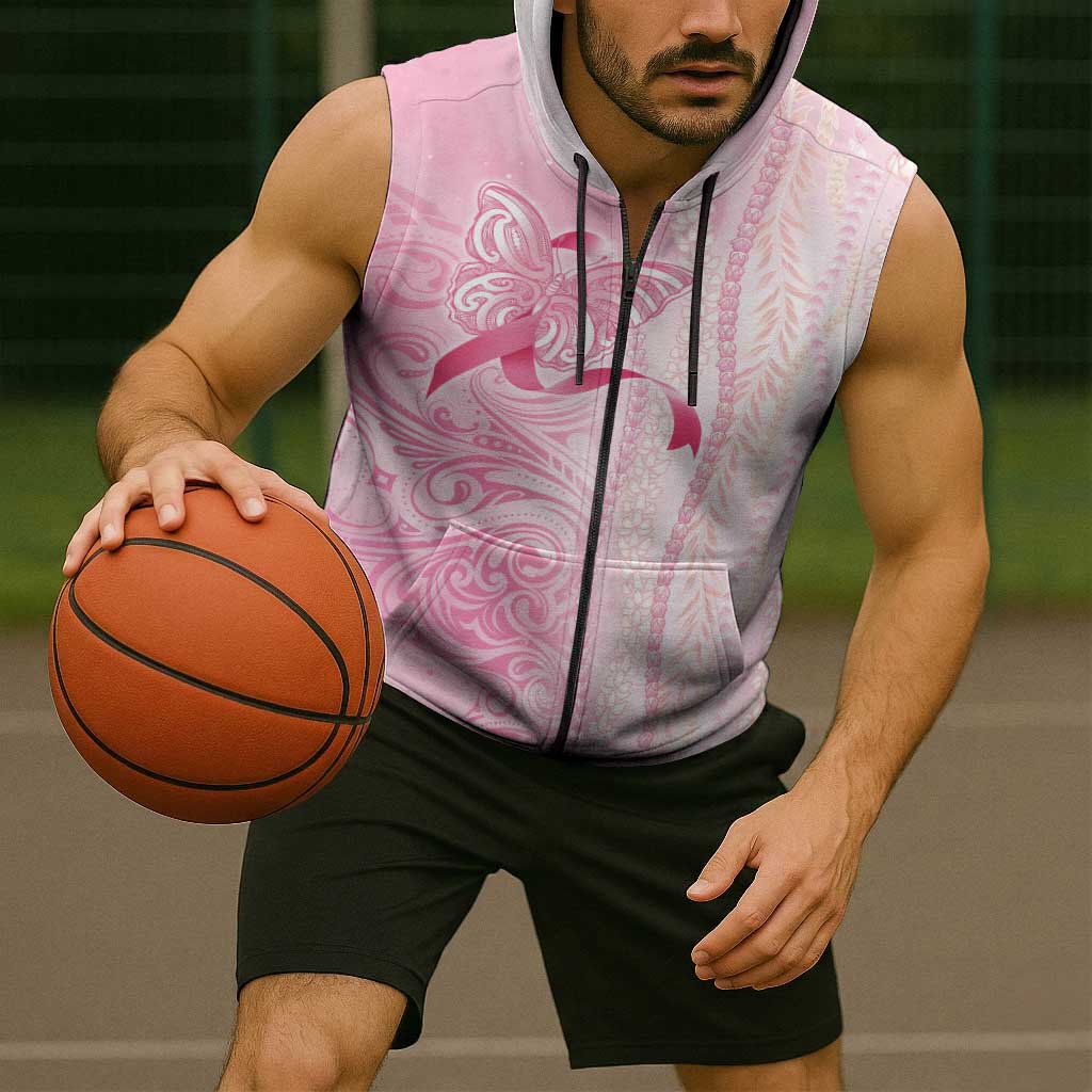 Breast Cancer Awareness Sleeveless Zip Hoodie Maile Pikake Lokelani Crown Flower Lei Inspired LT9 - Polynesian Pride