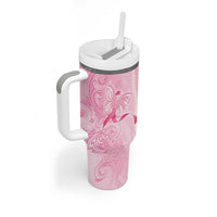 Breast Cancer Awareness Tumbler With Handle Maile Pikake Lokelani Crown Flower Lei Inspired