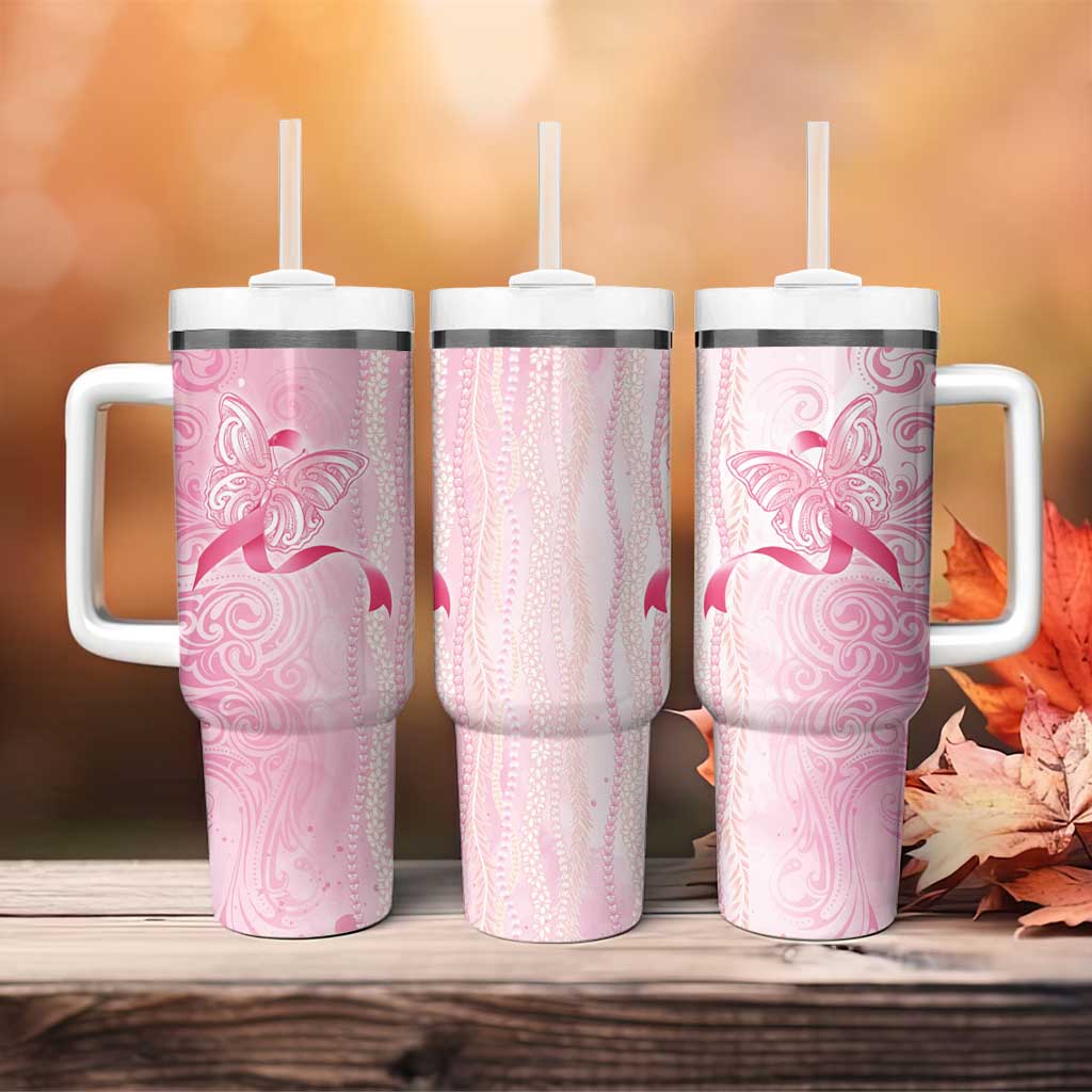 Breast Cancer Awareness Tumbler With Handle Maile Pikake Lokelani Crown Flower Lei Inspired