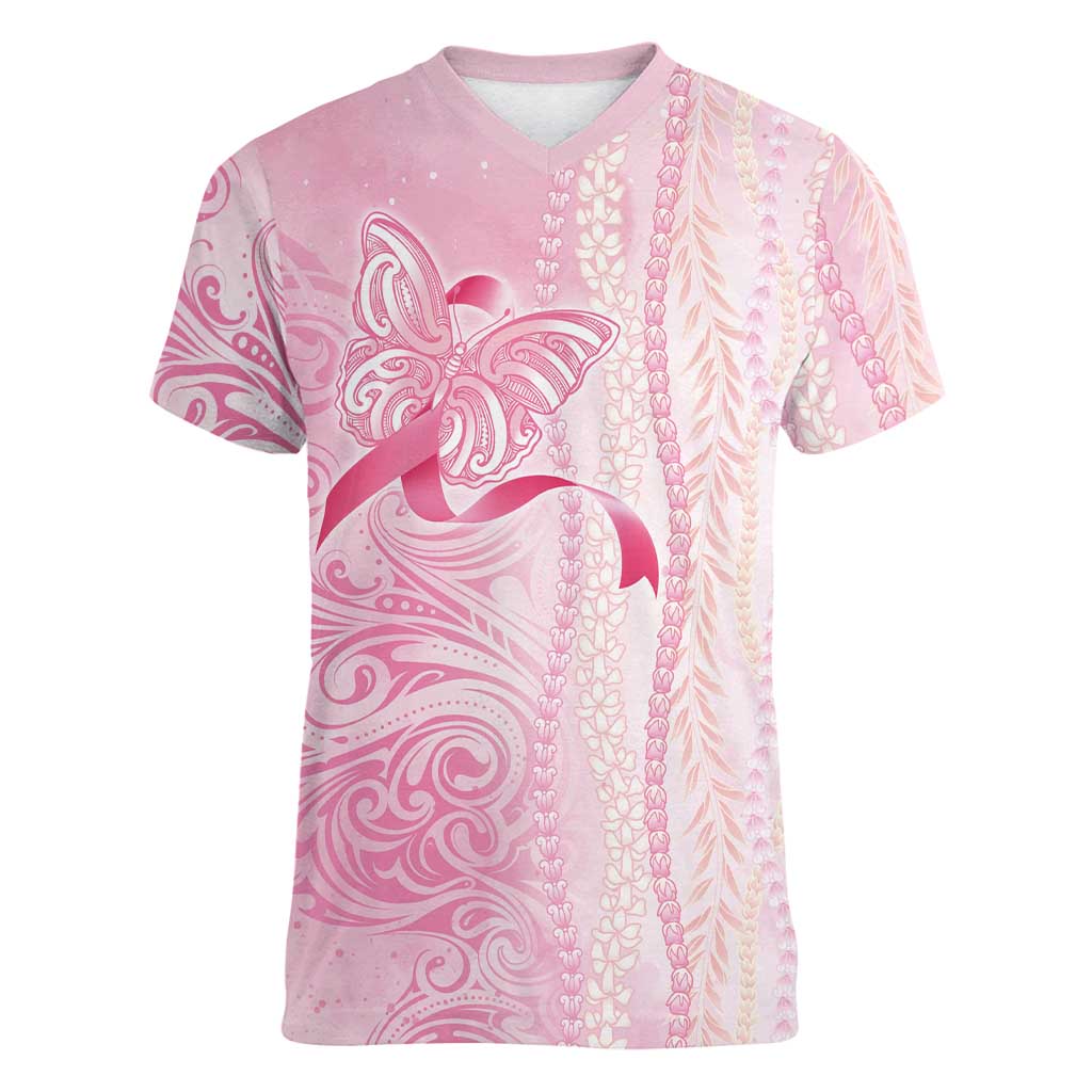 Breast Cancer Awareness Women V-Neck T-Shirt Maile Pikake Lokelani Crown Flower Lei Inspired LT9 Female Pink - Polynesian Pride