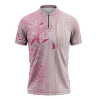 Breast Cancer Awareness Zipper Polo Shirt Maile Pikake Lokelani Crown Flower Lei Inspired LT9 Pink - Polynesian Pride