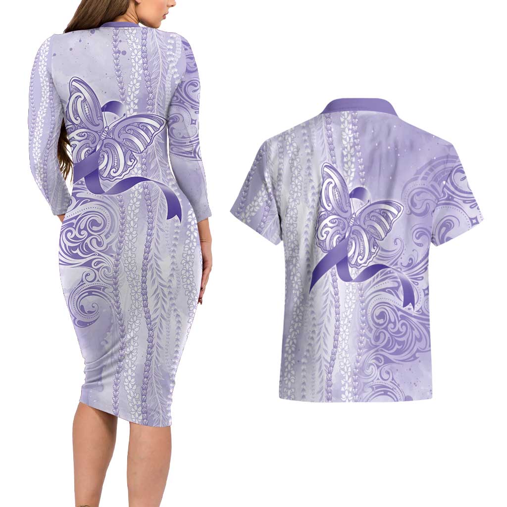 Epilepsy Awareness Couples Matching Long Sleeve Bodycon Dress and Hawaiian Shirt Maile Pikake Lokelani Crown Flower Lei Inspired LT9 - Polynesian Pride