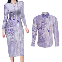 Epilepsy Awareness Couples Matching Long Sleeve Bodycon Dress and Long Sleeve Button Shirt Maile Pikake Lokelani Crown Flower Lei Inspired LT9 Purple - Polynesian Pride