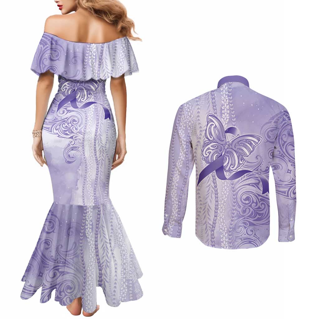 Epilepsy Awareness Couples Matching Mermaid Dress and Long Sleeve Button Shirt Maile Pikake Lokelani Crown Flower Lei Inspired LT9 - Polynesian Pride