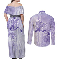 Epilepsy Awareness Couples Matching Off Shoulder Maxi Dress and Long Sleeve Button Shirt Maile Pikake Lokelani Crown Flower Lei Inspired LT9 - Polynesian Pride