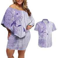 Epilepsy Awareness Couples Matching Off Shoulder Short Dress and Hawaiian Shirt Maile Pikake Lokelani Crown Flower Lei Inspired LT9 Purple - Polynesian Pride