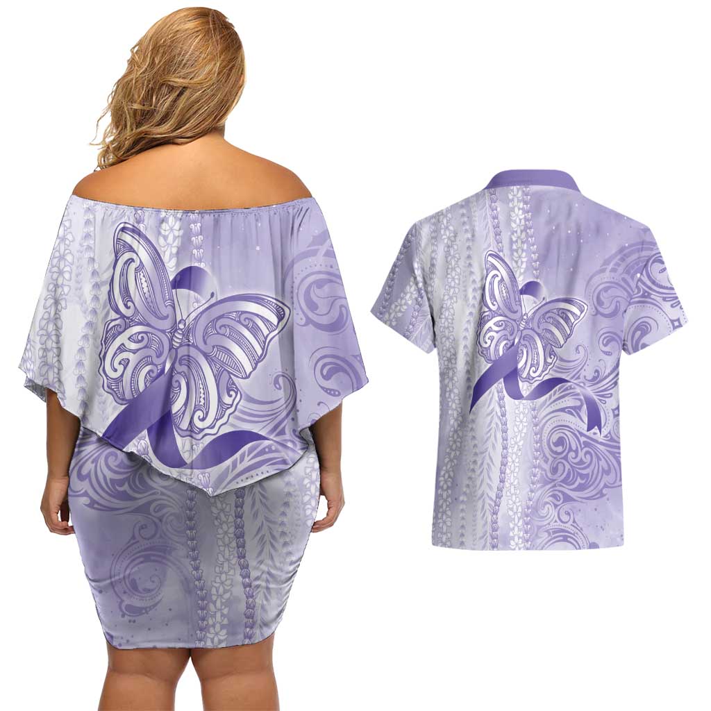 Epilepsy Awareness Couples Matching Off Shoulder Short Dress and Hawaiian Shirt Maile Pikake Lokelani Crown Flower Lei Inspired LT9 - Polynesian Pride