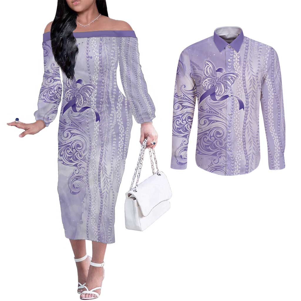 Epilepsy Awareness Couples Matching Off The Shoulder Long Sleeve Dress and Long Sleeve Button Shirt Maile Pikake Lokelani Crown Flower Lei Inspired LT9 Purple - Polynesian Pride