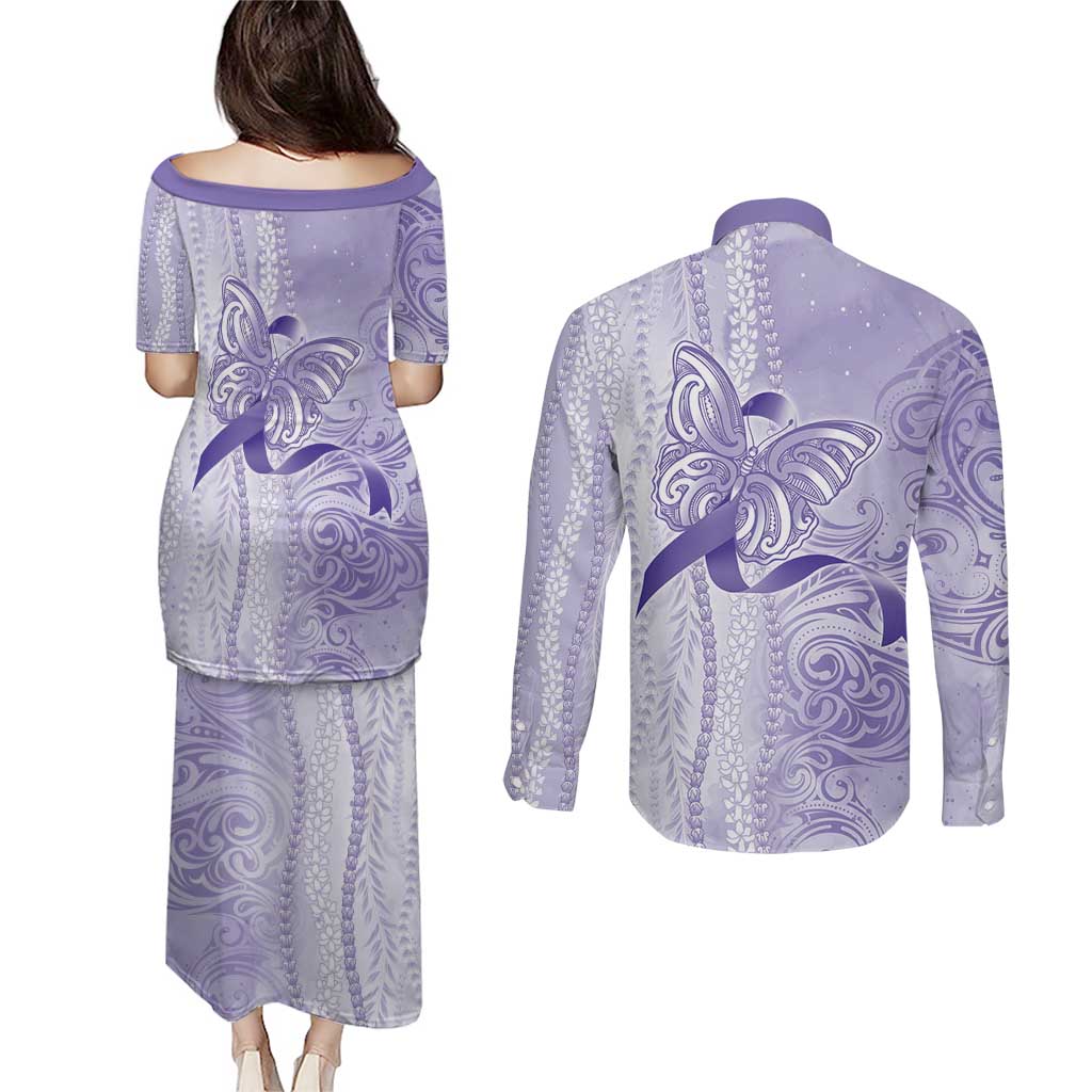 Epilepsy Awareness Couples Matching Puletasi and Long Sleeve Button Shirt Maile Pikake Lokelani Crown Flower Lei Inspired