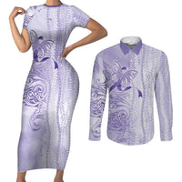 Epilepsy Awareness Couples Matching Short Sleeve Bodycon Dress and Long Sleeve Button Shirt Maile Pikake Lokelani Crown Flower Lei Inspired LT9 Purple - Polynesian Pride