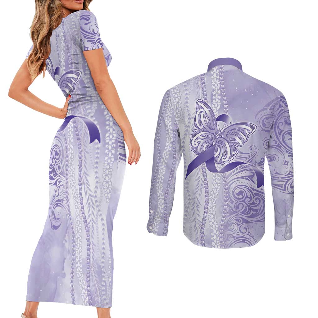 Epilepsy Awareness Couples Matching Short Sleeve Bodycon Dress and Long Sleeve Button Shirt Maile Pikake Lokelani Crown Flower Lei Inspired LT9 - Polynesian Pride