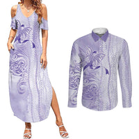 Epilepsy Awareness Couples Matching Summer Maxi Dress and Long Sleeve Button Shirt Maile Pikake Lokelani Crown Flower Lei Inspired LT9 Purple - Polynesian Pride