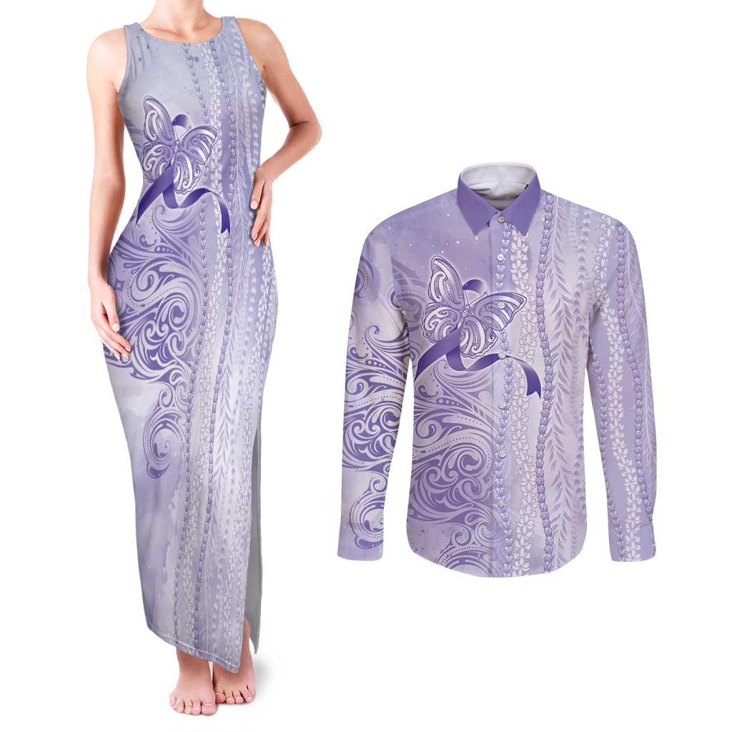 Epilepsy Awareness Couples Matching Tank Maxi Dress and Long Sleeve Button Shirt Maile Pikake Lokelani Crown Flower Lei Inspired LT9 Purple - Polynesian Pride