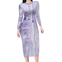 Epilepsy Awareness Family Matching Long Sleeve Bodycon Dress and Hawaiian Shirt Maile Pikake Lokelani Crown Flower Lei Inspired LT9 Mom's Dress Purple - Polynesian Pride