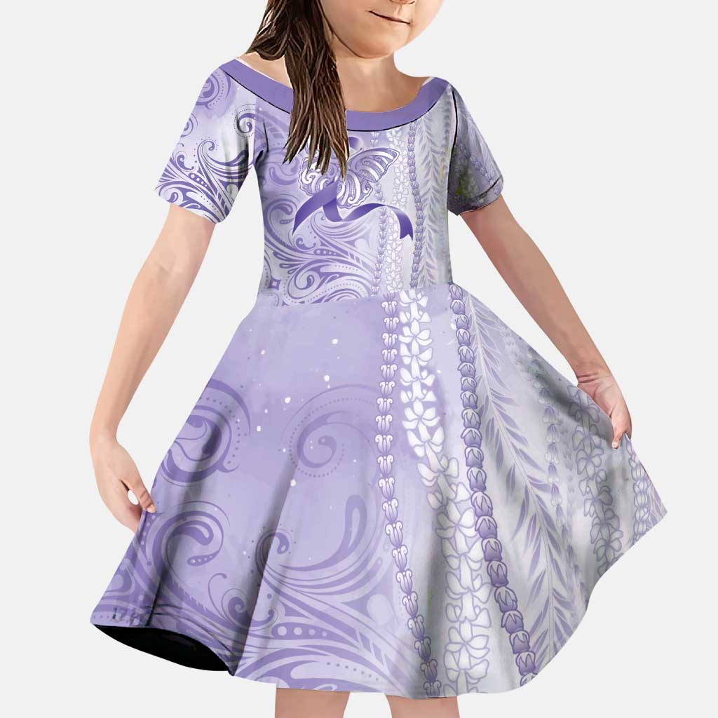 Epilepsy Awareness Family Matching Off Shoulder Maxi Dress and Hawaiian Shirt Maile Pikake Lokelani Crown Flower Lei Inspired LT9 Daughter's Dress Purple - Polynesian Pride