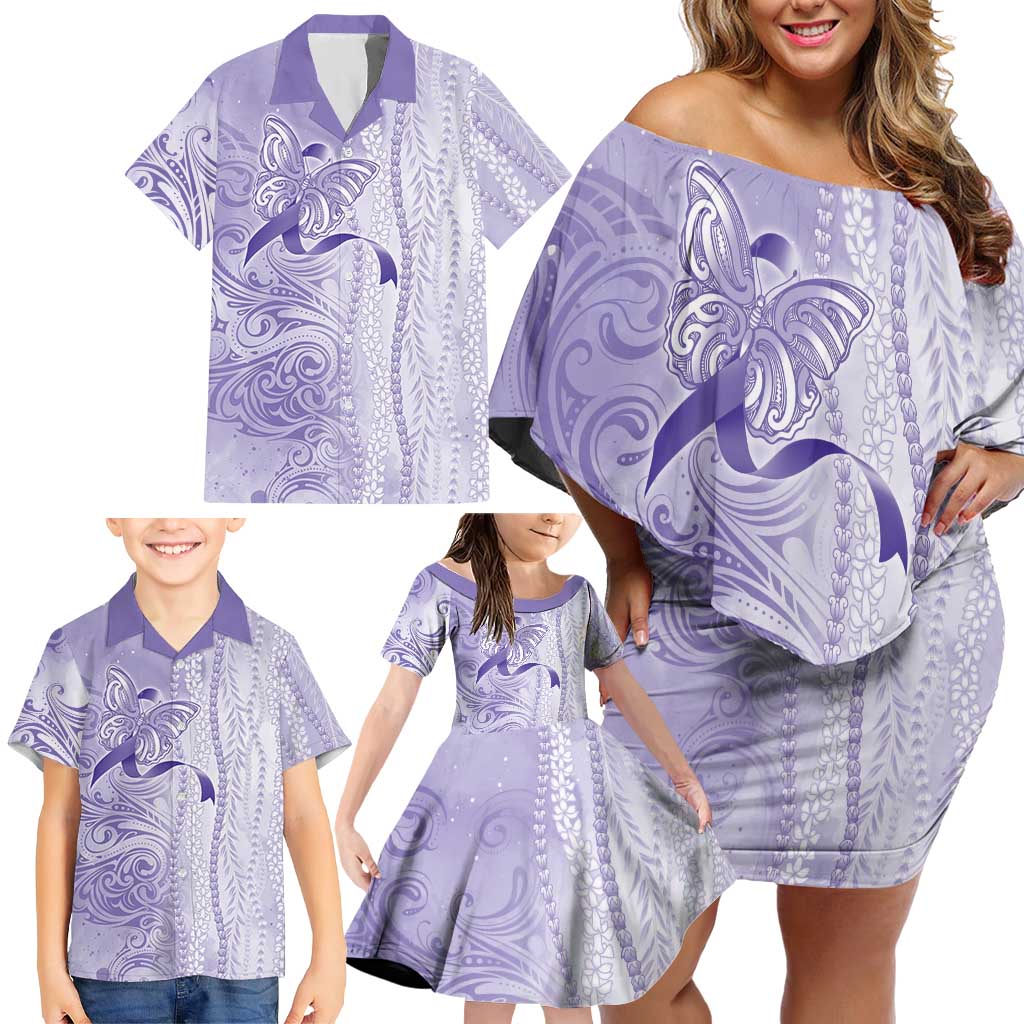 Epilepsy Awareness Family Matching Off Shoulder Short Dress and Hawaiian Shirt Maile Pikake Lokelani Crown Flower Lei Inspired