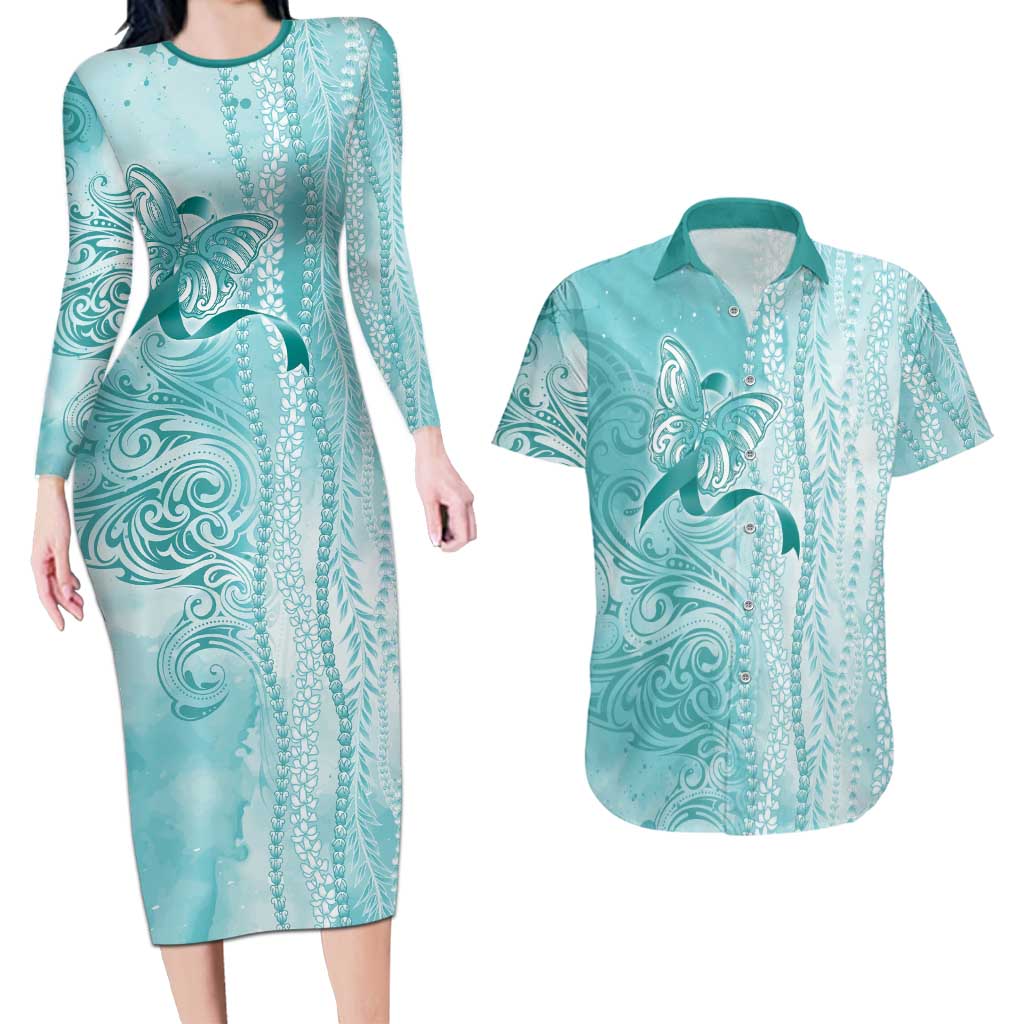 PTSD Awareness Couples Matching Long Sleeve Bodycon Dress and Hawaiian Shirt Maile Pikake Lokelani Crown Flower Lei Inspired LT9 Teal - Polynesian Pride